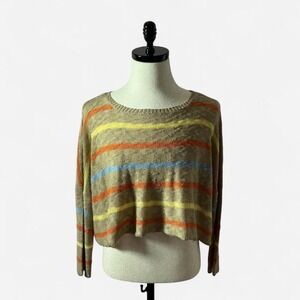 Storia Striped Knit Crop Top, Orange‎ Yellow Blue, Lightweight Pullover Sweater